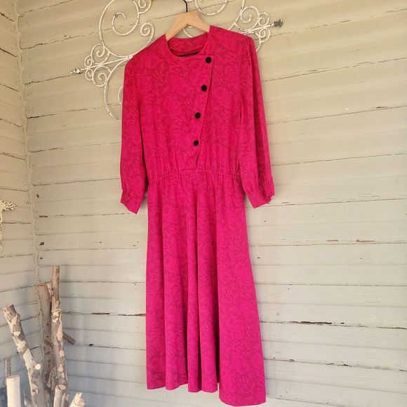 Vintage 80s 90s Secretary Dress Size 10 Pink Floral Handmade Day Maxi Pockets - Picture 2 of 11